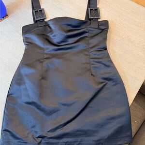 NWT Cynthia Rowley GiGi black satin crystal buckle strap minindress sz 10 $395